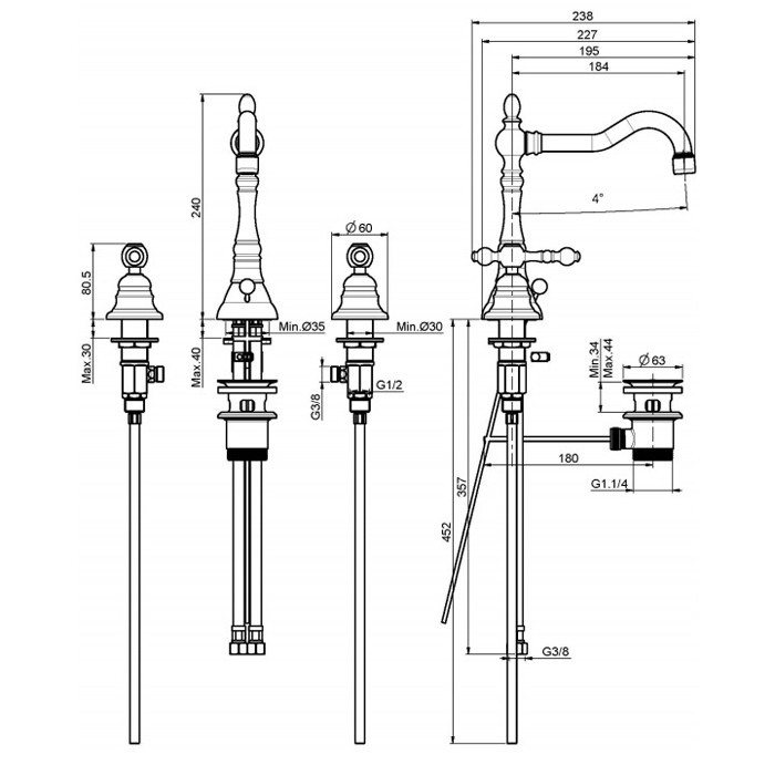 Fima Carlo Frattini смеситель на раковину на 3 отверстия с вращающимся изливом, epoque, хром арт. f5051cr