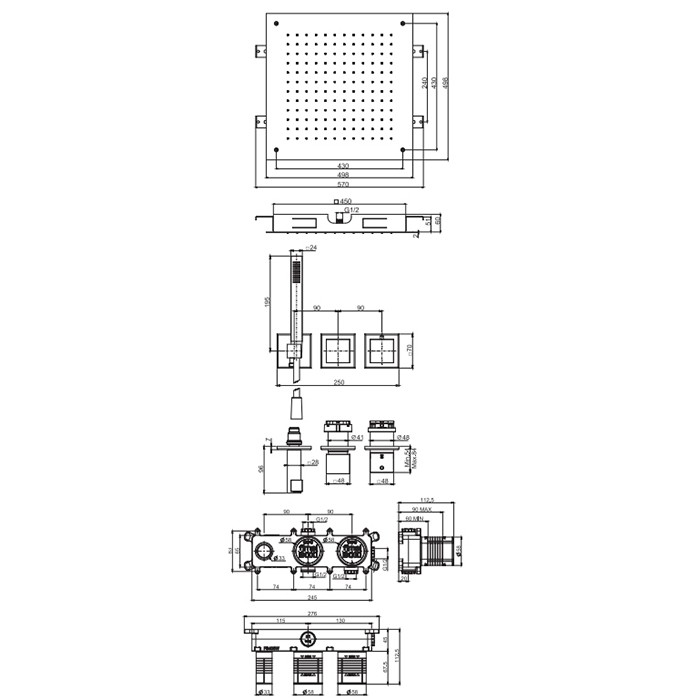 Fima Carlo Frattini душевая система, с верхним душем 49х49см., встраиваемый, термостатическим смесителем, на 2 выхода и ручным душем sistemi doccia, золото арт. f3989wx9q50or