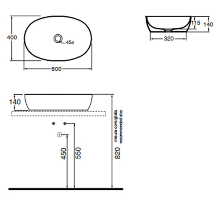 Azzurra Раковина 60х40 см, без отв., накладная Elegance, ELLA060400C0BI/(ECI60 bi*0) цвет: белый