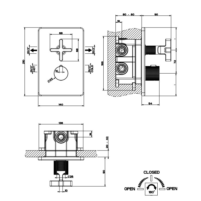Gessi Смеситель для душа с переключателем на 2 выхода, термостатический, Inciso, 58234#031 цвет: хром