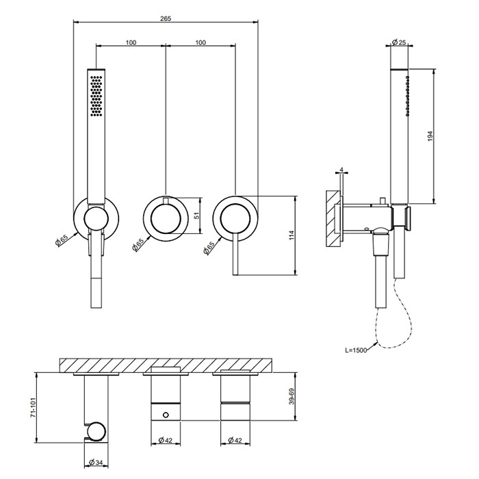 Gessi Смеситель для душа, встраиваемый, на 2 источника. с подводом воды, ручной лейкой, 316, 54039#299 цвет: black xl