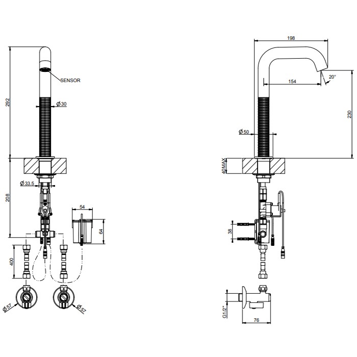 Gessi Смеситель для раковины, 1 отв., электронный, с кран-фильтром для регулировки температуры и напора воды, 316, 54280#239 цвет: steel brushed