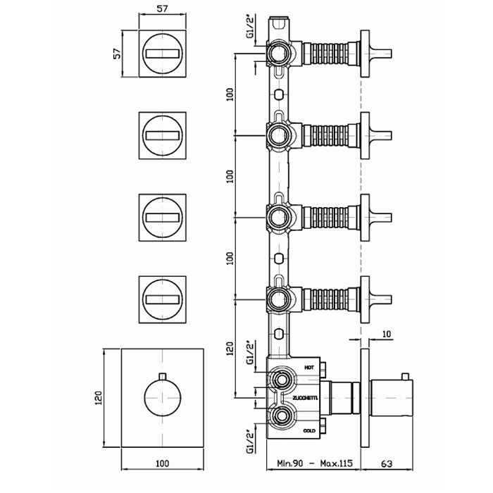 Zucchetti термостатический смеситель, для скрытого монтажа 1/2”, 4 ручки, aguablu, хром арт. za5662 r97823