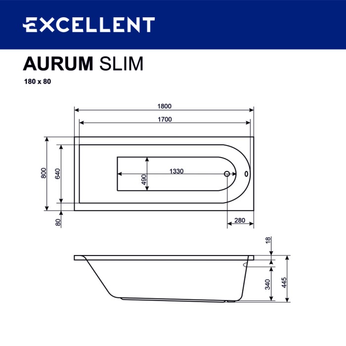 Встраиваемая ванна slim 180x80 lux, Excellent Aurum, хром арт. WAEX.AUR18S.LUX.CR