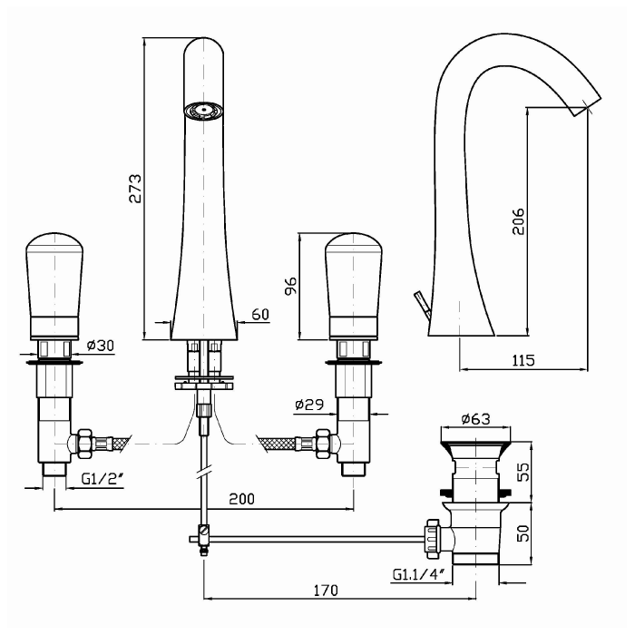 Zucchetti смеситель для раковины, на 3 отв., с аэратором, nude, черный арт. znu393.c50