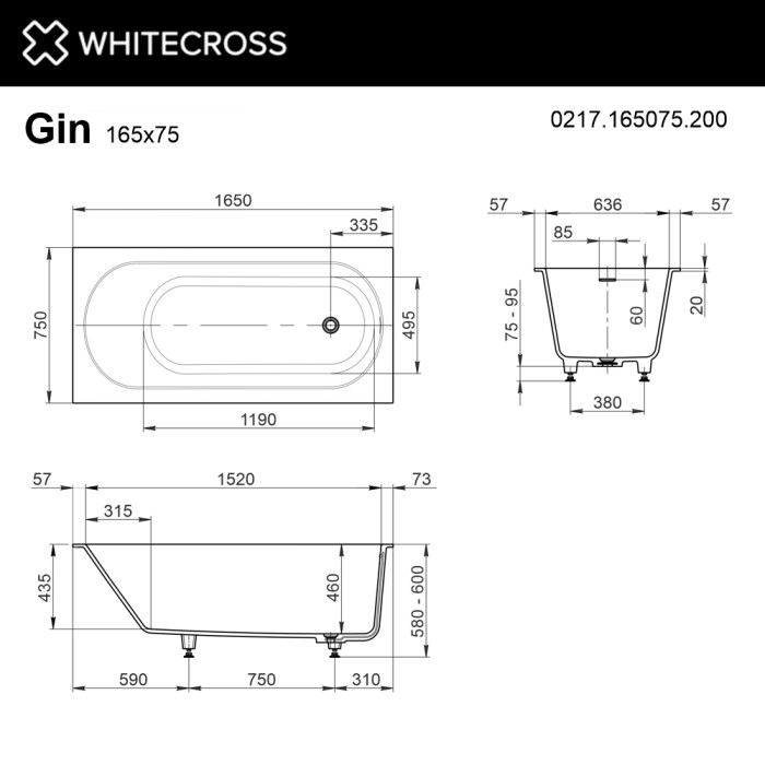 Пристенная ванна 165x75, Whitecross Gin, белый мат арт. 0217.165075.200