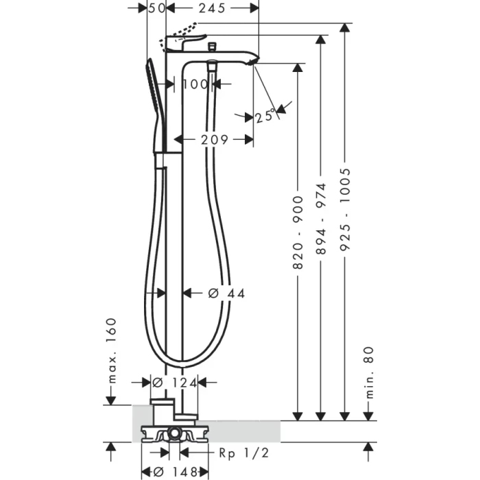 Hansgrohe смеситель напольный для ванны, Metris, хром арт. 31471000