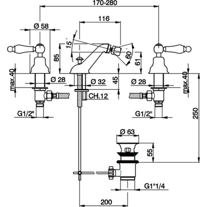 Cisal смеситель для биде на 3 отверстия с донным клапаном ts00122021 arcana toscana, цвет: хром