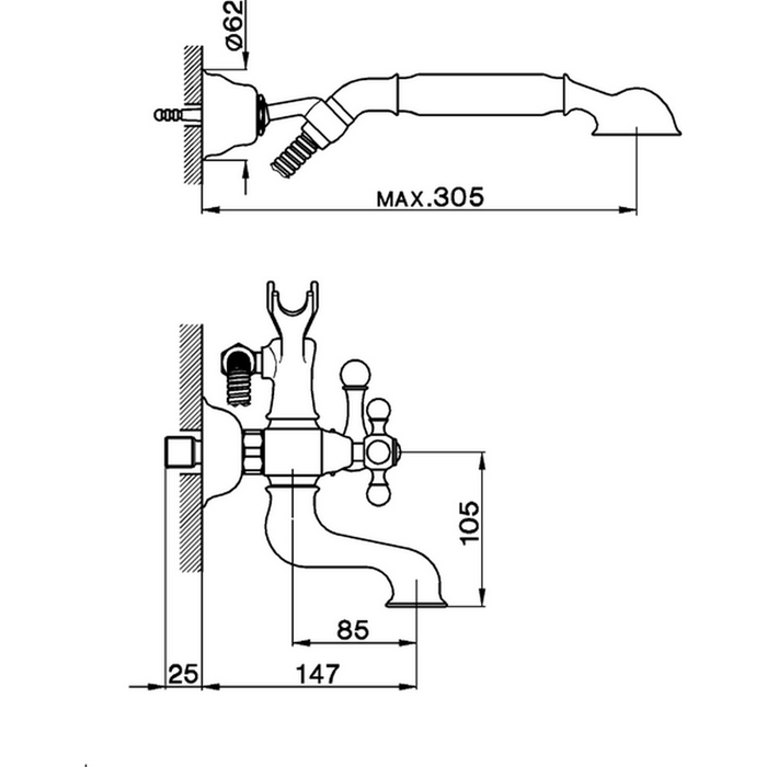 Cisal смеситель настенный для ванны и душа с ручной лейкой, держателем и шлангом ac00012021 arcana, цвет: хром
