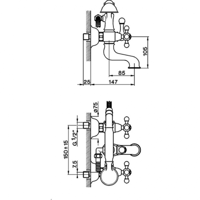 Cisal смеситель настенный для ванны и душа с ручной лейкой, держателем и шлангом ac00012021 arcana, цвет: хром