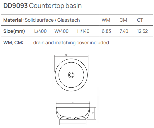 Накладная раковина d400хh140 мм, DEA Countertop basin, белый арт. DD9093 400 18