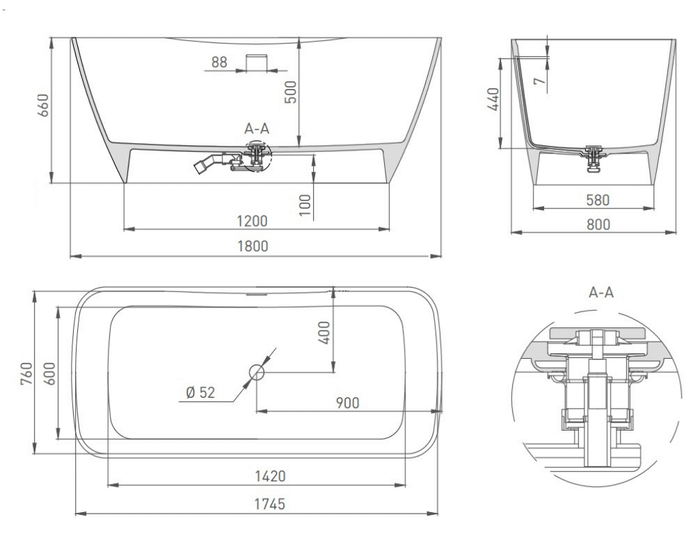 Salini ванна отдельностоящая 179x82, agatha, 100221mrf цвет: матовый белый