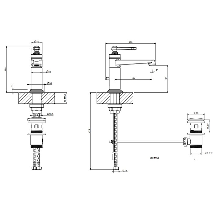 Gessi Смеситель для раковины на 1 отв., в комплекте с донным клапаном, Venti20, 65001#246 цвет: gold pvd