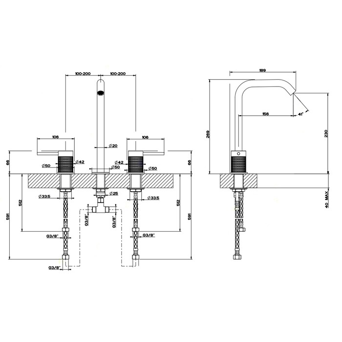 Gessi Смеситель для раковины на 3 отверстия, без донного клапана, Meccanica, 54211#239 цвет: шлифованная сталь