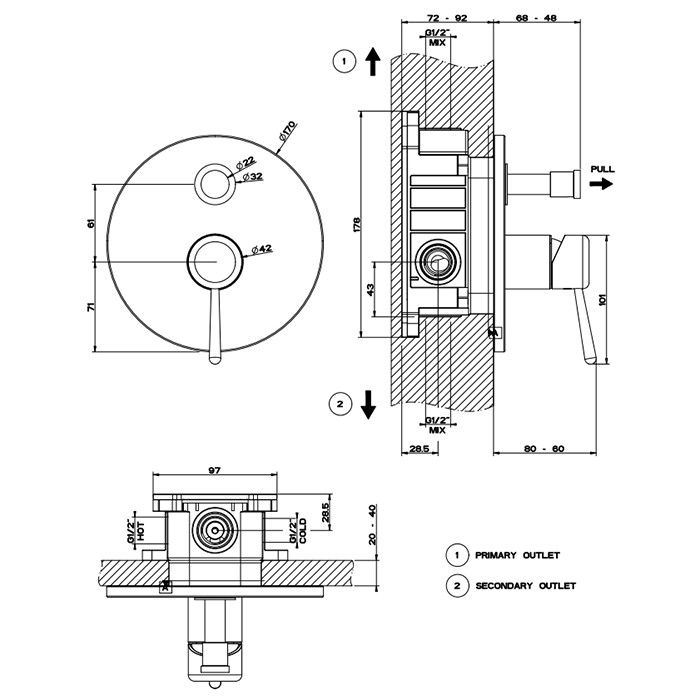 Gessi Cмеситель для душа, встраиваемый, с переключателем потоков, (внешние части), Goccia, 44678#080 цвет: gold ccp