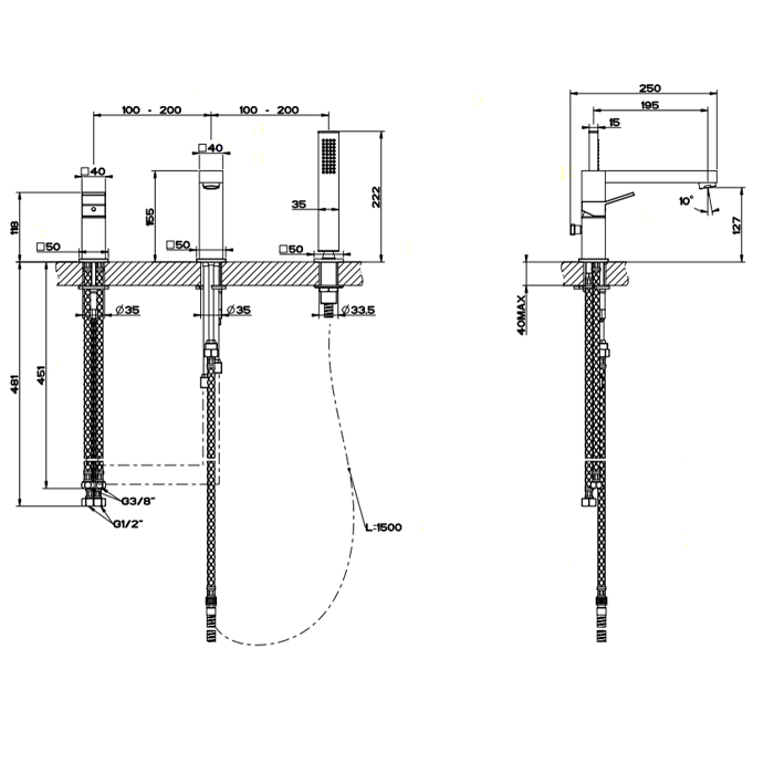 Gessi Смеситель для ванны на 3 отверстия, с встроенным в излив переключателем и ручным душем, Rettangolo, 53037#299 цвет: черный