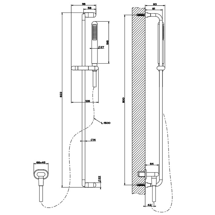 Gessi Душевая штанга с ручным душем и выводом воды из стены, Goccia, 33642#080 цвет: gold ccp