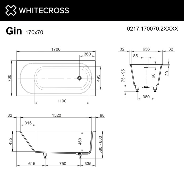Пристенная ванна 170x70, Whitecross Gin, RAL мат арт. 0217.170070.2XXXX