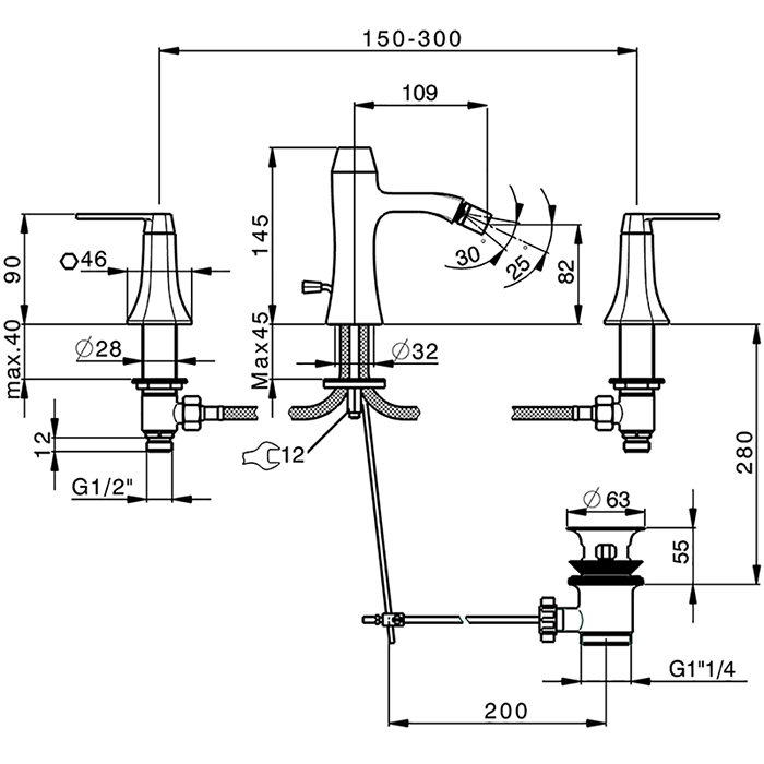 Cisal смеситель для биде на 3 отверстия с донным клапаном cf0012206t cherie, цвет: хром