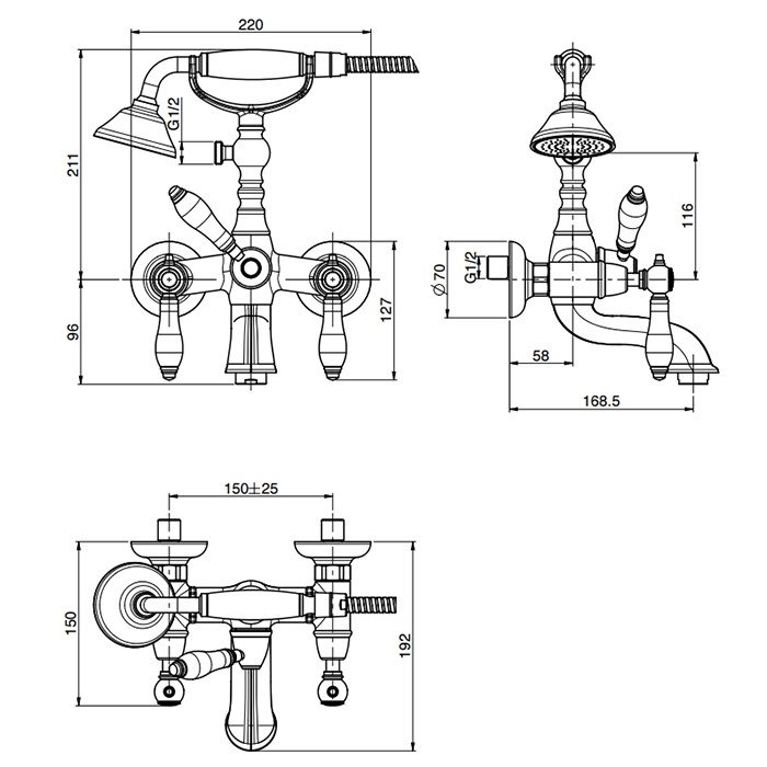 Fima Carlo Frattini смеситель для ванны, настенный, с ручным душем., herend, золото арт. f5404cbor