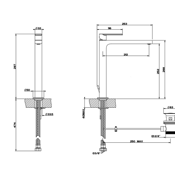 Gessi Смеситель для раковины, на 1 отв, высокий, с донным клапаном, Emporio Via manzoni, 38604#299 цвет: black xl