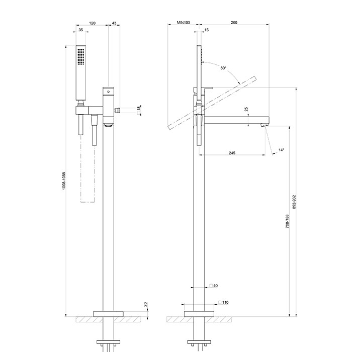 Gessi Смеситель для ванны, напольный, с ручным душем и изливом, (внешняя часть), Rettangolo, 24961#299 цвет: black xl