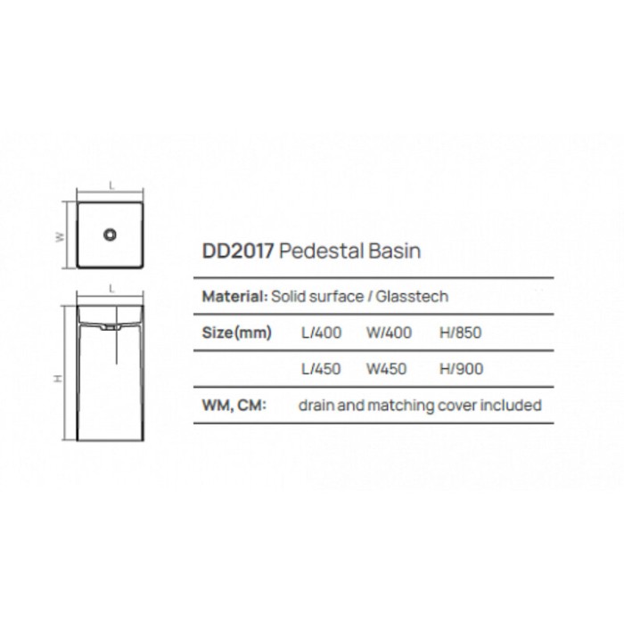 Раковина из искусственного камня 45 см, DEA Design Pedestal Basin, белый арт. DD2017 450 18