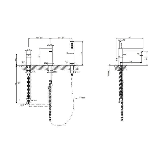 Gessi Смеситель для ванны на 3 отверстия, с переключателем, изливом 195мм и ручным душем, Rettangolo, 20037#299 цвет: black xl