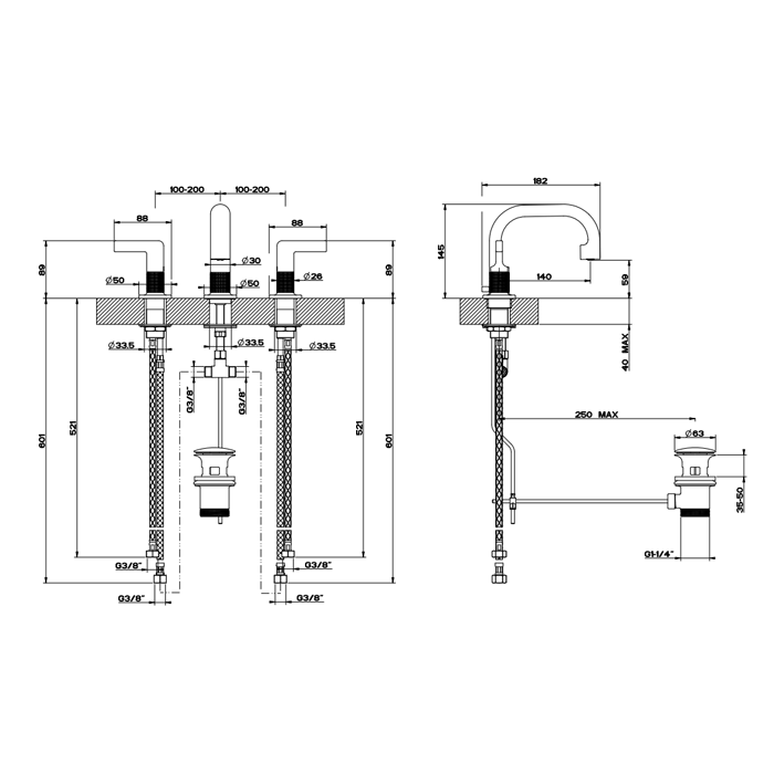 Gessi Смеситель для раковины на 3 отверстия с донным клапаном, Inciso, 58011#299 цвет: черный матовый