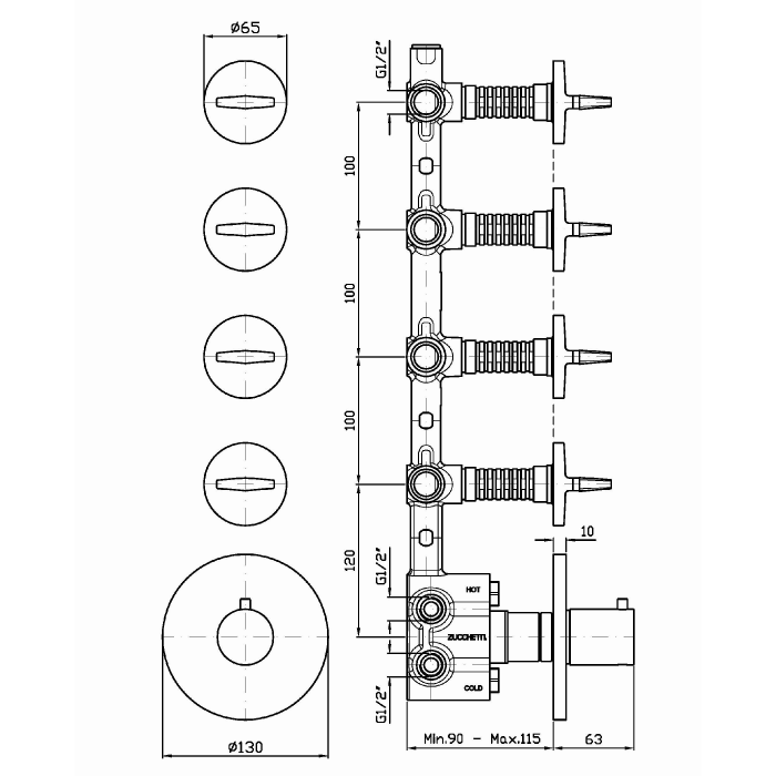 Zucchetti термостатический смеситель, для скрытого монтажа 1/2”, 4 ручки, isyfresh, хром арт. zd4662 r97823