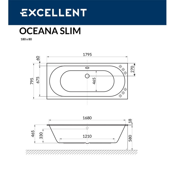 Встраиваемая ванна slim 180x80 ultra, Excellent Oceana, хром арт. WAEX.OCE18S.ULTRA.CR