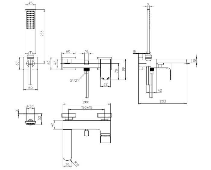 Bossini однорычажный смеситель для ванны настенный с лейкой, держателем и шлангом, gillo, черный арт. z00728.073