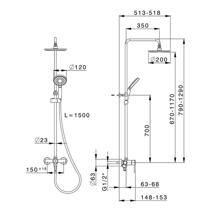 Cisal душевая система, с однорычажным смесителем, верхним душем d20см., и ручной лейкой d 12см , H80/180см, showerid арт. tth0402121
