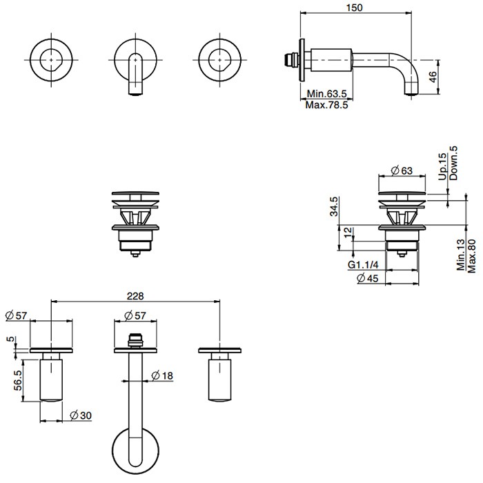 Fima Carlo Frattini смеситель для раковины настенного монтажа, на 3 отв, донный клапан click-clack, so, хром арт. f3191/5cr
