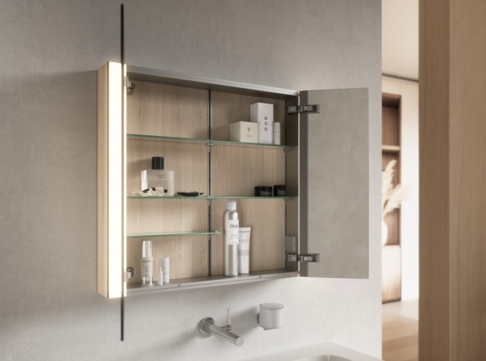 Keuco шкаф с подсветкой и подогревом для настенного монтажа 127 мм х 1000 мм х 710 мм, с 2 поворотными дверцами, somaris, дуб светлый арт. 14503 852101