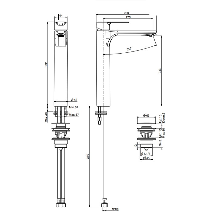 Fima Carlo Frattini смеситель для раковины, на 1 отв., высокий h29.1см., с донным клапаном, mast, золото арт. f3131/hor.1