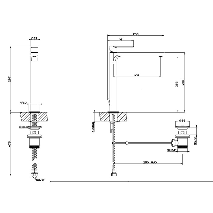 Gessi Смеситель для раковины, на 1 отв, высокий, с донным клапаном, Emporio Via manzoni, 38603#299 цвет: black xl