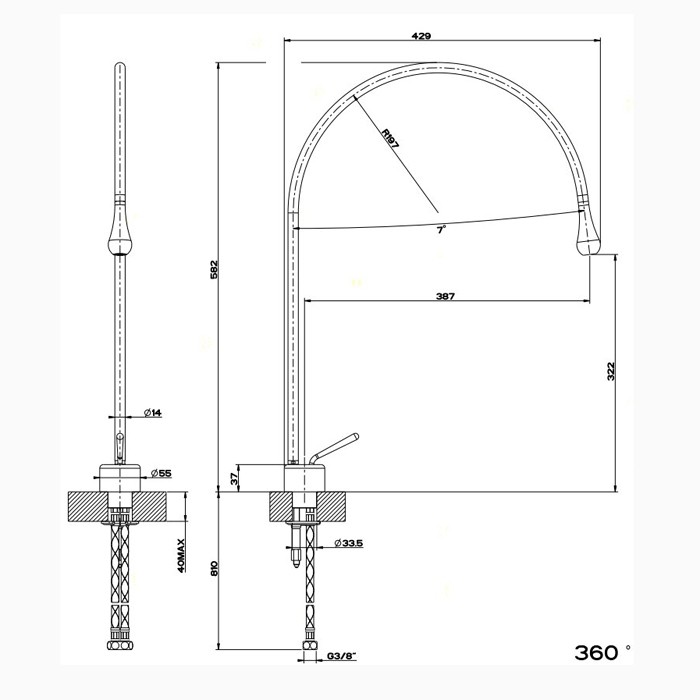 Gessi Смеситель для раковины на 1 отверстие, излив 387мм R=197, Goccia, 33603#031 цвет: хром