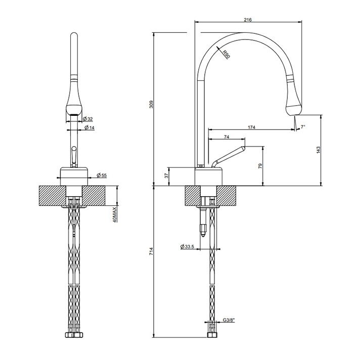 Gessi Смеситель для раковины, на 1 отв., излив: 17.4см R=90, Goccia, 33601#080 цвет: gold ccp