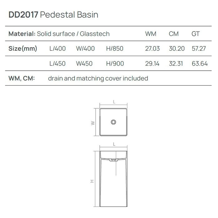 Раковина напольная 450х450хh900 мм, DEA DESIGN Pedestal Basin, серый арт. DD2017 450 6