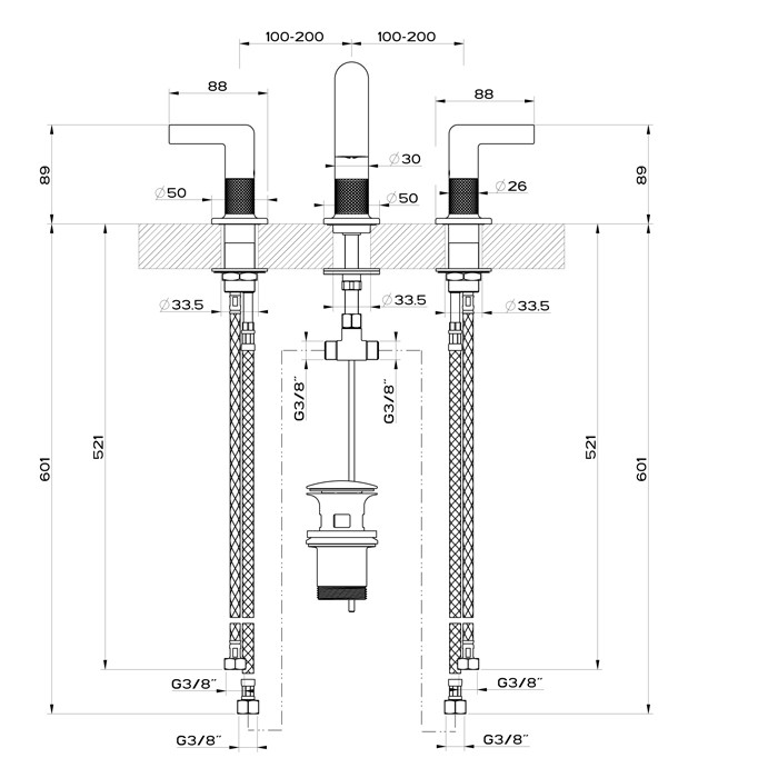 Gessi Смеситель для раковины на 3 отверстия с донным клапаном, излив 140мм, h=145мм, Inciso, 58011#149 цвет: finox