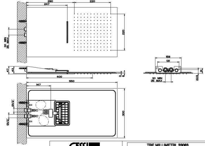 Gessi Верхний душ QUADRO 30х55см., настенный, 2 режима: тропический ливень, водопад, Tremillimetri, 33083#707 цвет: black metal brushed pvd