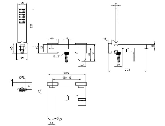Bossini однорычажный смеситель для ванны настенный с лейкой, держателем и шлангом, gillo, никель арт. z00727.094