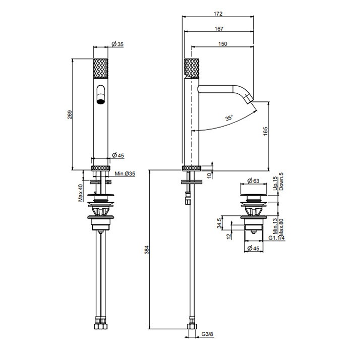 Fima Carlo Frattini смеситель для раковины, высота 24см., с донным клапаном click-clack, spillo up, черный арт. f3031lxsbs