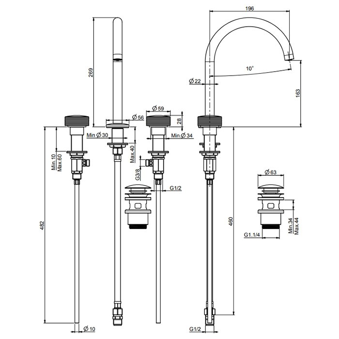 Fima Carlo Frattini смеситель на раковину, на 3 отв., с донным клапаном, texture collection, черный арт. f5611vns