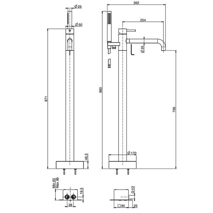 Fima Carlo Frattini смеситель для ванны, напольный, с ручным душем, spillo up, черный арт. f3034/6nns