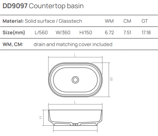 Накладная раковина 560х360хh150 мм, DEA Countertop basin, черный арт. DD9097 560 R4