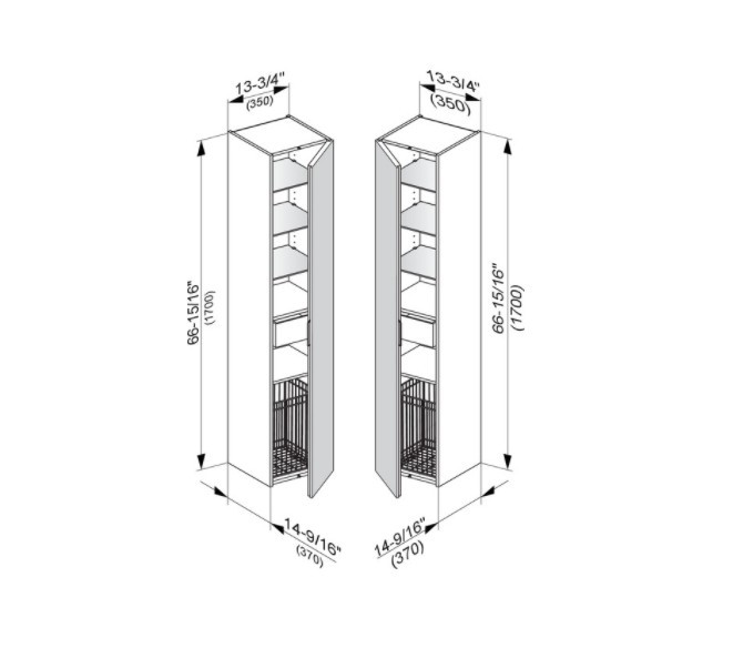 Keuco шкаф - пенал высокий подвесной петли справа, 3 стеклянные полки, с бельевой корзиной, edition 11, черный арт. 31331 570002