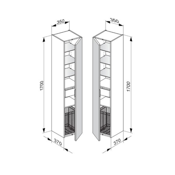 Keuco шкаф - пенал высокий подвесной петли справа, 3 стеклянные полки, с бельевой корзиной, edition 11, черный арт. 31331 570002