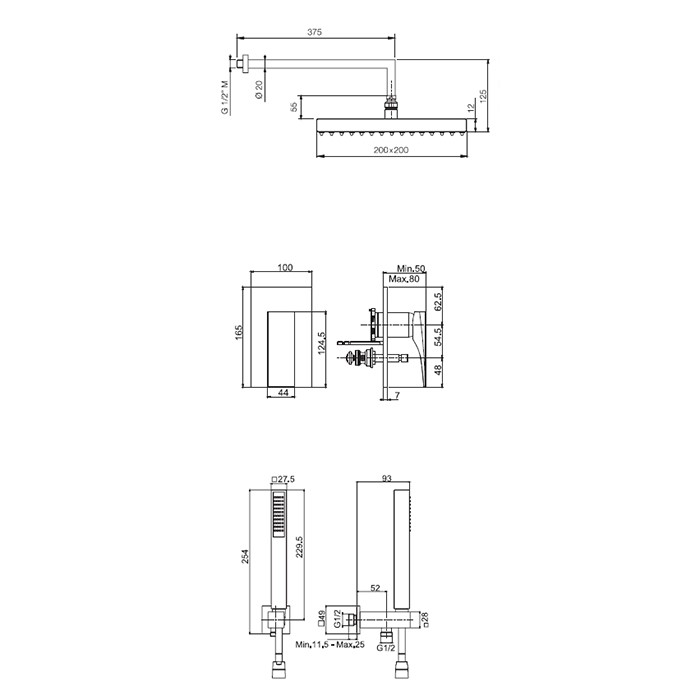 Fima Carlo Frattini душевой комплект с верх душем 200х200мм, наст держ 350мм, душ комплектом, смес встр на 2 источн, внутр часть wellness, хром арт. f3979cr